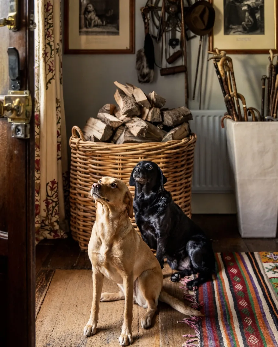 Two dogs waiting by the basket inside a quiet old farmhouse.